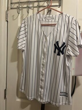 Majestic White Pinstripe Baseball Jersey with Navy Logo